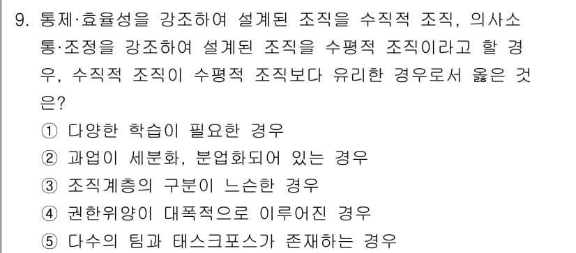 유통관리사_1급 2021년 10번 - 정답인 이유: 다양한 학습이 필요한 경우에는 수평적 조직 구조가 효과적이... 에 관한 핵심 기출문제