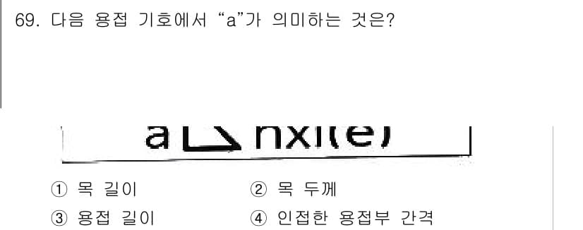 용접기사 2021년 69번 - 정답은 2번 "목 두께"입니다. 용접 기호에서 "a"는 일반적으로 접합부... 에 관한 핵심 기출문제
