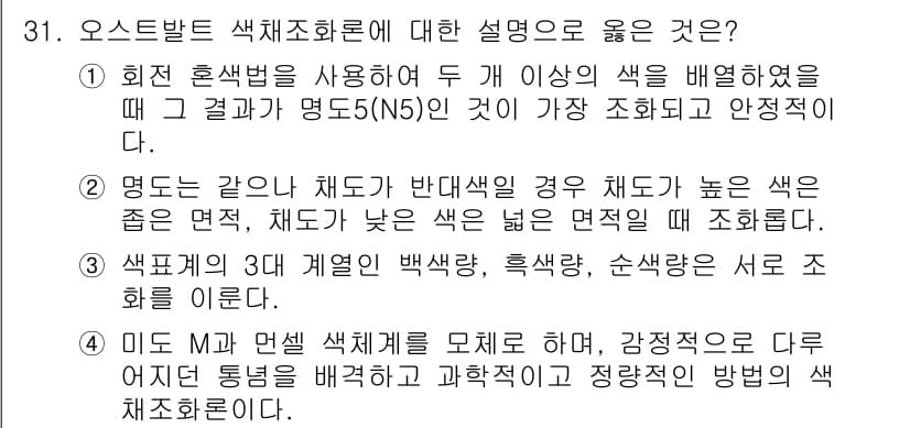 멀티미디어콘텐츠제작전문가(구) 2021년 31번 - . 

오스트레이트 색채화론은 색의 명도, 채도, 색상을 기반으로 색의 ... 에 관한 핵심 기출문제