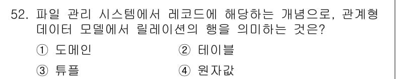 멀티미디어콘텐츠제작전문가(구) 2021년 52번 - 정답은 3. 튜플입니다. 튜플은 관계형 데이터 모델에서 데이터의 한 행을... 에 관한 핵심 기출문제