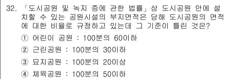 조경기사 2021년 32번 - 도시공원 및 녹지에 관한 법률에 따르면, 어린이 공원과 노인 공원은 각각... 에 관한 핵심 기출문제