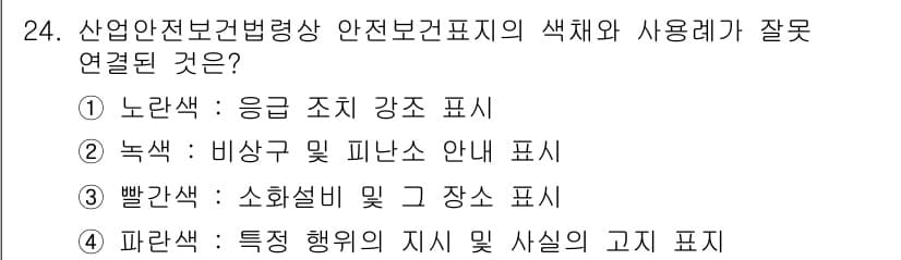 농작업안전보건기사 2021년 24번 - . 

노란색은 응급 강력 표시로, 위험 상황이나 사고 시 신속한 대처가... 에 관한 핵심 기출문제
