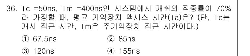 컴퓨터시스템기사(B형) 2021년 36번 - 주어진 조건에서 캐시 메모리 접근 시간(Tc)과 평균 메모리 접근 시간(... 에 관한 핵심 기출문제