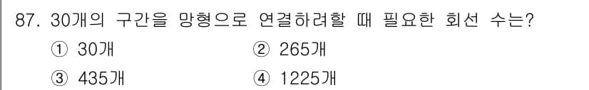 컴퓨터시스템기사(B형) 2021년 87번 - 30개의 구간을 망형으로 연결할 때 필요한 회선 수는 그래프 이론의 기본... 에 관한 핵심 기출문제