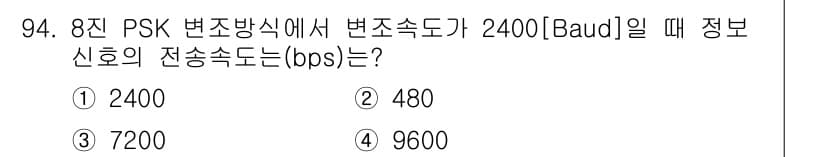 컴퓨터시스템기사(B형) 2021년 94번 - 8진 PSK(Phase Shift Keying) 방식은 각 기호가 8개의... 에 관한 핵심 기출문제