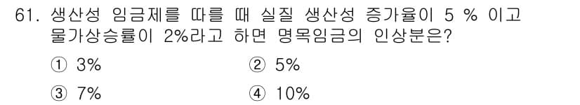 직업상담사_2급(구) 2021년 61번 - 명목임금의 인상분은 실질 생산성 증가율과 물가상승률을 합산하여 계산합니다... 에 관한 핵심 기출문제