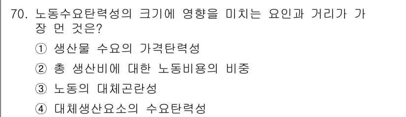 직업상담사_2급(구) 2021년 70번 - 정답은 ④ 대체생산요소의 수요탄력성입니다. 이는 노동의 대체 가능성과 관... 에 관한 핵심 기출문제
