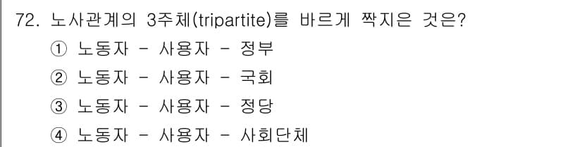 직업상담사_2급(구) 2021년 72번 - . 

노사관계의 3주체는 노동자, 사용자, 정부로 구성되어 있으며, 이... 에 관한 핵심 기출문제