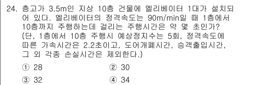 승강기기사 2021년 24번 - 엘리베이터의 정속도는 90m/min으로, 3.5m의 층을 오르는 데 걸리... 에 관한 핵심 기출문제