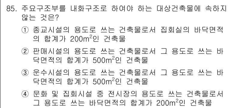 건축설비기사 2021년 86번 - 판매시설의 용도로 쓰는 건축물은 주거용 및 부대시설의 합계 면적이 500... 에 관한 핵심 기출문제