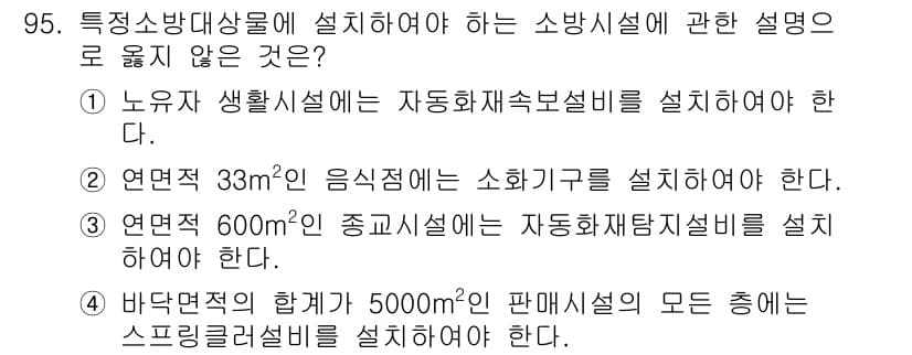 건축설비기사 2021년 97번 - 바닥면적의 합계가 5000㎡ 이상인 경우 스프링클러 설비를 설치해야 하는... 에 관한 핵심 기출문제