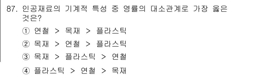 의공기사 2021년 87번 - 인공재료의 기계적 특성은 일반적으로 열에 의해 영향을 받으며, 열이 목재... 에 관한 핵심 기출문제