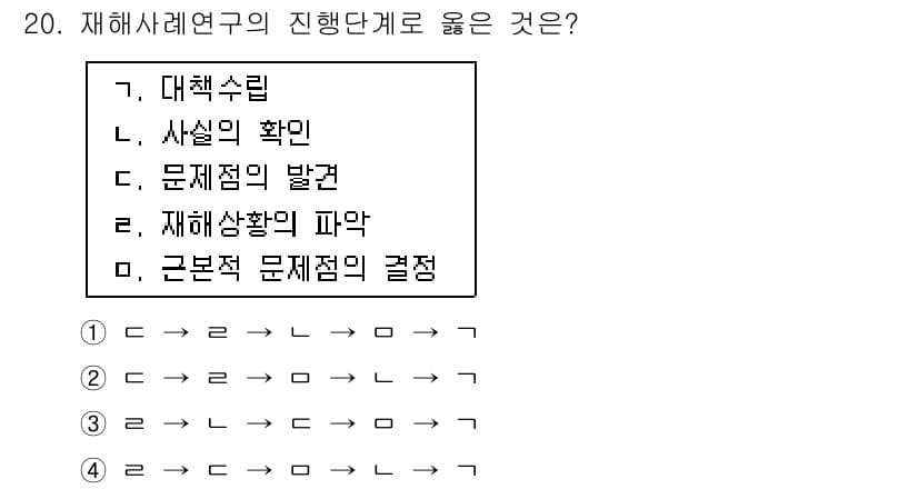 건설안전기사 2021년 20번 - 정답은 3번 '재해상황의 파악'입니다. 재해사례연구는 재해 발생의 원인을... 에 관한 핵심 기출문제