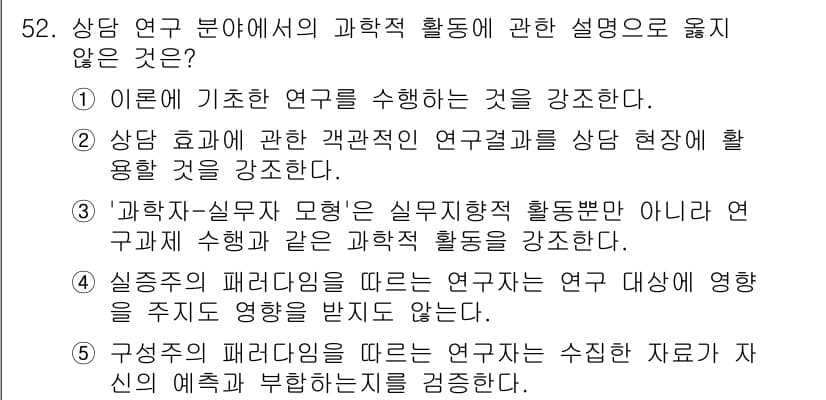 청소년상담사_1급(1교시)(구) 2021년 52번 - . '구성주의 패러다임에 따른 연구는 수집한 자료가 자원의 예측 부합하는... 에 관한 핵심 기출문제