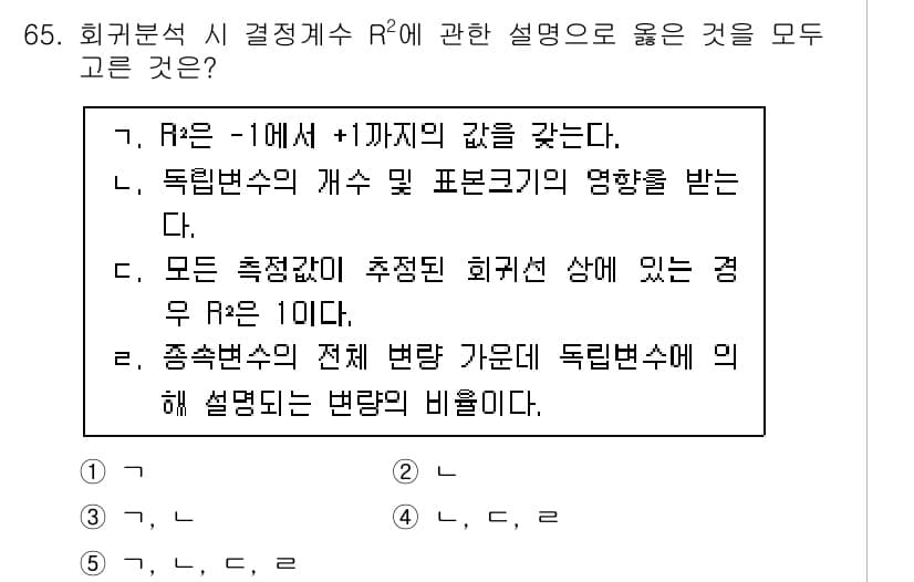청소년상담사_1급(1교시)(구) 2021년 65번 - R²은 결정계수로, 회귀모델의 설명력을 나타낸다. 이 값은 0에서 1까지... 에 관한 핵심 기출문제