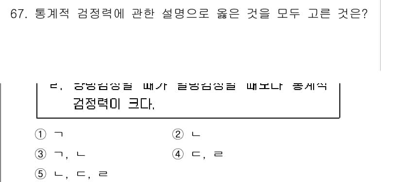 청소년상담사_1급(1교시)(구) 2021년 67번 - 정답 2번은 통계적 검정력의 정의와 관련이 깊습니다. 검정력은 귀무가설을... 에 관한 핵심 기출문제