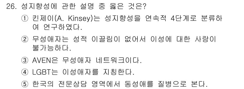 청소년상담사_1급(2교시)(구) 2021년 26번 - 3번 AVEN은 무성애 네트워크로, 무성애에 대한 이해를 돕고 관련된 커... 에 관한 핵심 기출문제