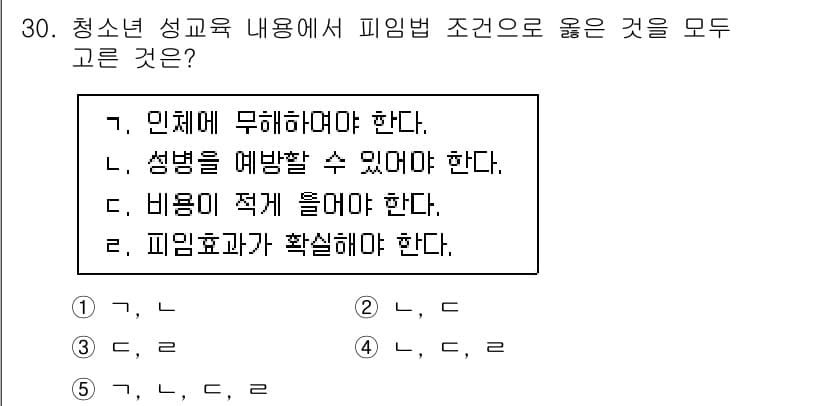 청소년상담사_1급(2교시)(구) 2021년 30번 - 해당 문제에서 청소년 성교육 내용의 피임법 조건으로 올바른 것은 '피임효... 에 관한 핵심 기출문제