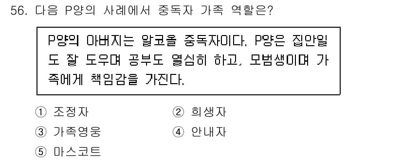 청소년상담사_1급(2교시)(구) 2021년 56번 - P양의 사례에서 중독자가 된 아버지는 가족 내에서 부정적인 영향을 미치는... 에 관한 핵심 기출문제