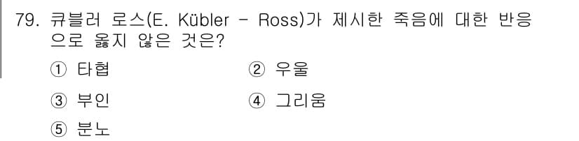 청소년상담사_1급(2교시)(구) 2021년 79번 - 큐블러 로스의 이론에 따르면, 죽음에 대한 반응은 다섯 단계(부인, 분노... 에 관한 핵심 기출문제