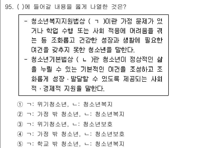 청소년상담사_1급(2교시)(구) 2021년 95번 - "청소년복지지원법"은 청소년의 학습과 건강한 성장에 필요한 지원을 제도적... 에 관한 핵심 기출문제