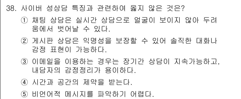 청소년상담사_1급(2교시) 2021년 38번 - 상담에서 시간과 공간의 제약은 상담 과정의 효과에 영향을 미치지 않기 때... 에 관한 핵심 기출문제