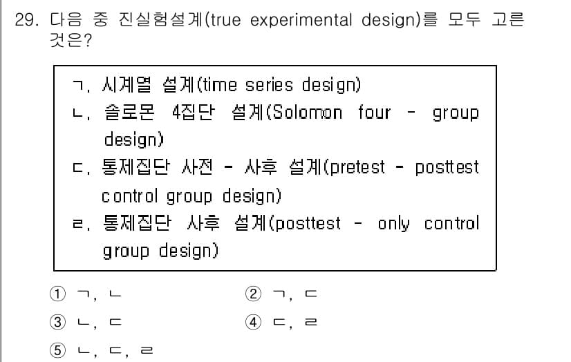청소년상담사_2급(1교시) 2021년 29번 - 진실험설계(true experimental design)는 무작위 배정과... 에 관한 핵심 기출문제