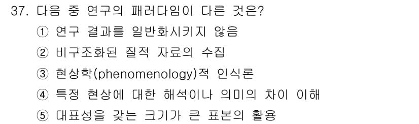 청소년상담사_2급(1교시) 2021년 37번 - 5번은 대표성을 가지는 표본의 활용을 언급하며, 이는 연구에서 일반화 가... 에 관한 핵심 기출문제