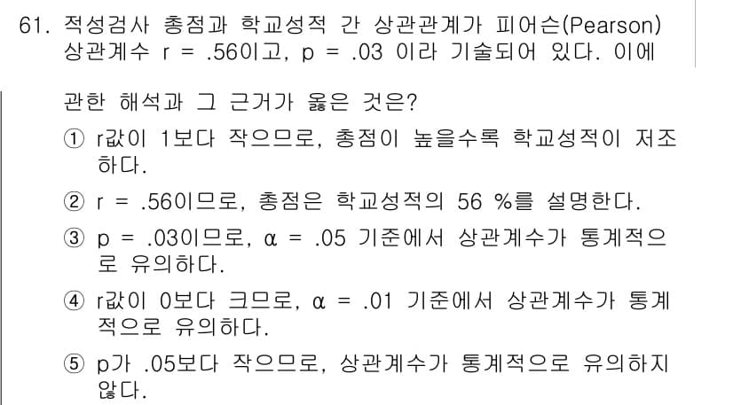 청소년상담사_2급(1교시) 2021년 61번 - 문항에서 제시된 상관계수 \( r = 0.56 \)은 중간 정도의 상관관... 에 관한 핵심 기출문제