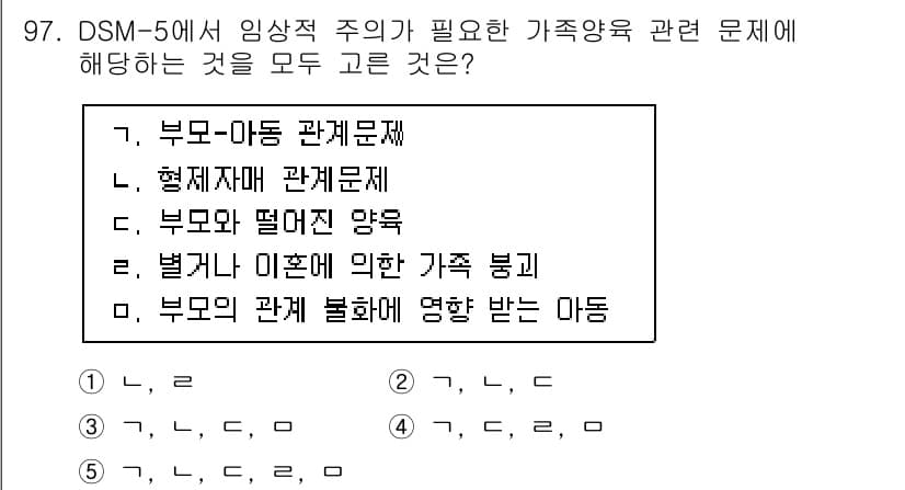 청소년상담사_2급(1교시) 2021년 97번 - . 부모와 떨어진 양육

해설: DSM-5에서 부모-자녀 관계에서의 문제... 에 관한 핵심 기출문제