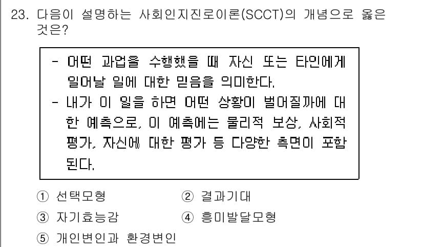 청소년상담사_2급(2교시)(구) 2021년 23번 - 사회인지진로이론(SCCT)은 개인의 자기신념과 직업 선택에 대한 심리적 ... 에 관한 핵심 기출문제