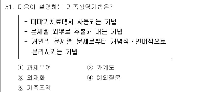 청소년상담사_2급(2교시) 2021년 51번 - 번 개인적 문제를 문제제기로 개념적·언어적으로 분리하는 기법은 상담에서 ... 에 관한 핵심 기출문제