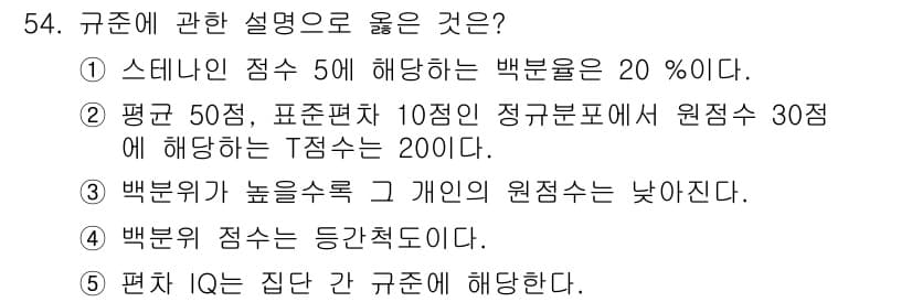 청소년상담사_3급(1교시)(구) 2021년 54번 - 설명: 스디니안 점수 5에 해당하는 백분위는 20%로, 이는 해당 인원이... 에 관한 핵심 기출문제