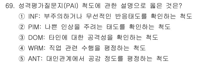청소년상담사_3급(1교시)(구) 2021년 69번 - 정답은 1번 INF입니다. INF는 개인의 무선적 반응을 검사하여 내적 ... 에 관한 핵심 기출문제