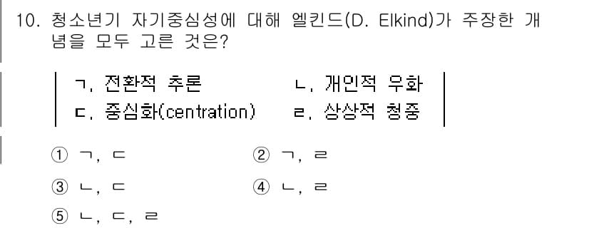 청소년상담사_3급(1교시) 2021년 10번 - 엘킨드는 청소년기의 자아 중심성을 강조하며, 이는 또래 중심화와 자기 중... 에 관한 핵심 기출문제
