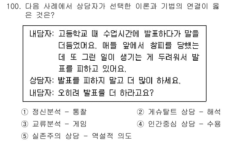 청소년상담사_3급(1교시) 2021년 100번 - 번

이유: 상담자가 발언을 최소화하고 내담자의 표현을 수용함으로써, 내... 에 관한 핵심 기출문제
