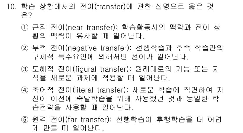 청소년상담사_3급(2교시)(구) 2021년 10번 - 번. 

근접 전이(near transfer)는 학습 활동의 맥락과 전이... 에 관한 핵심 기출문제