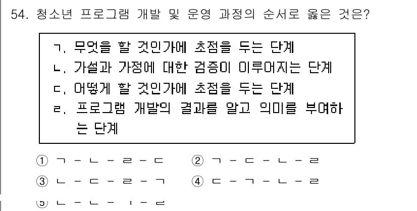 청소년상담사_3급(2교시)(구) 2021년 54번 - 프로그램 개발의 흐름은 문제 인식, 목표 설정, 구체적 계획 수립, 실행... 에 관한 핵심 기출문제
