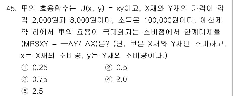감정평가사_1차_1교시(구) 2016년 43번 - 주어진 효용 함수 \( U(x, y) = xy \)의 경우, 소비재 \(... 에 관한 핵심 기출문제