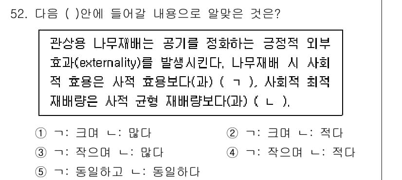 감정평가사_1차_1교시(구) 2017년 52번 - . 

해설: 나무재배는 공기의 질을 개선하고 생태계를 유지하는 등 긍정... 에 관한 핵심 기출문제