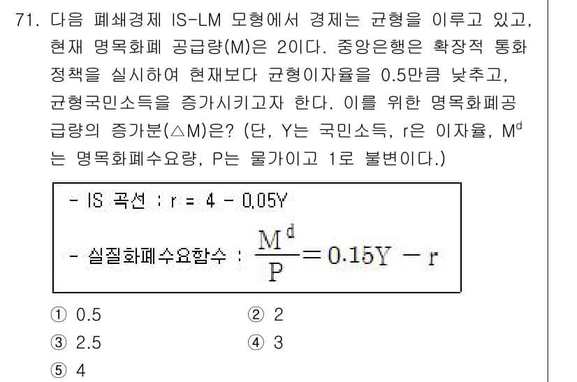 감정평가사_1차_1교시(구) 2017년 72번 - IS-LM 모형에서 명목화폐 공급이 증가하면 LM 곡선이 우측으로 이동하... 에 관한 핵심 기출문제