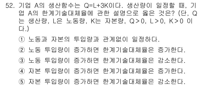 감정평가사_1차_1교시(구) 2019년 50번 - 정답은 1입니다. 노동의 투입량이 증가하면 생산량이 증가하고, 이는 한계... 에 관한 핵심 기출문제