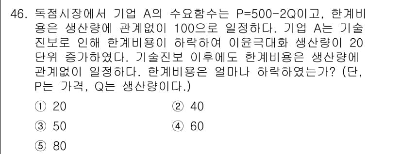 감정평가사_1차_1교시 2019년 44번 - 이 문제는 독점시장에서 기업 A의 가격과 생산량, 한계비용의 관계를 살펴... 에 관한 핵심 기출문제