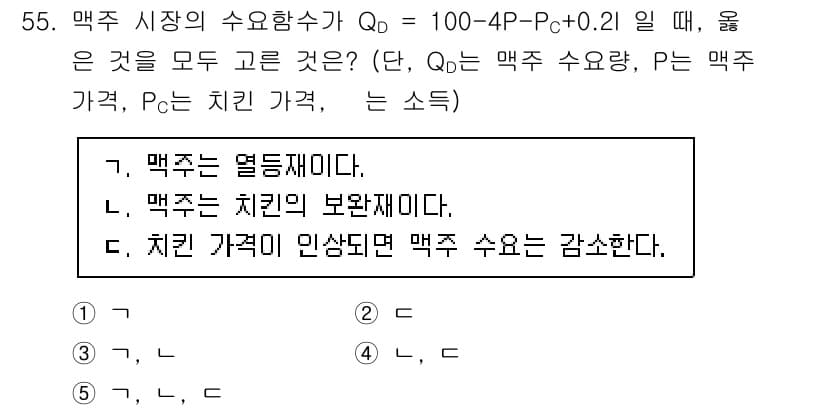 감정평가사_1차_1교시(구) 2020년 55번 - 맥주 시장의 수요함수 \( Q_d = 100 - 4P_c + 0.2I \... 에 관한 핵심 기출문제