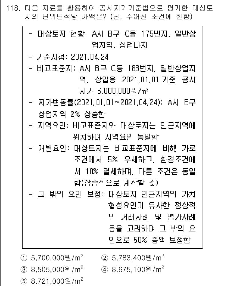 감정평가사_1차_1교시(구) 2021년 117번 - 정답과 핵심 포인트를 검수 중인 기출문제