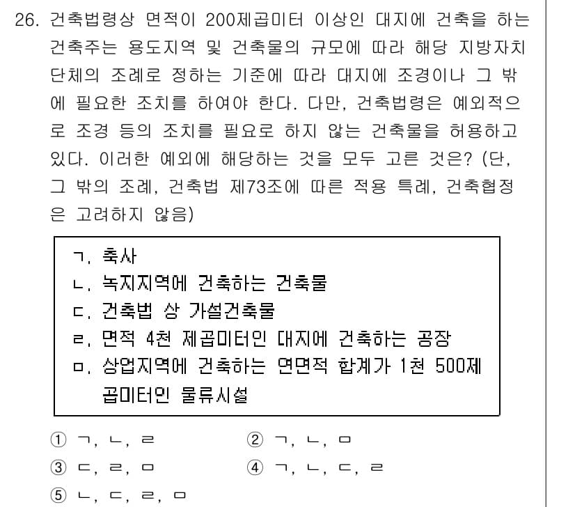 감정평가사_1차_2교시 2020년 26번 - 정답 4번이 맞는 이유는, 건축법상 대지면적이 200제곱미터 이상일 경우... 에 관한 핵심 기출문제