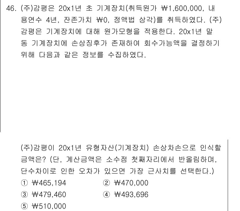 감정평가사_1차_2교시 2020년 46번 - 문제에서 주어진 감정평가의 기준은 20X1년도 기준으로 기계기술의 손상가... 에 관한 핵심 기출문제