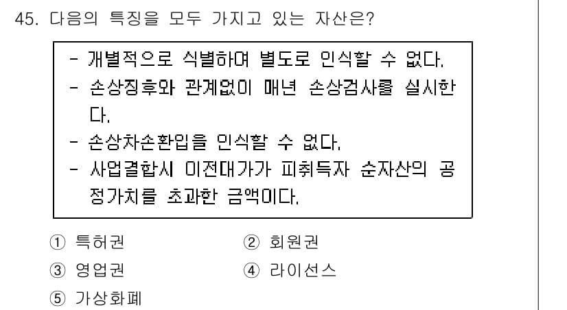 감정평가사_1차_2교시 2021년 45번 - 정답은 3번 "라이선스"입니다. 라이선스는 특정한 자격이나 권한을 부여하... 에 관한 핵심 기출문제