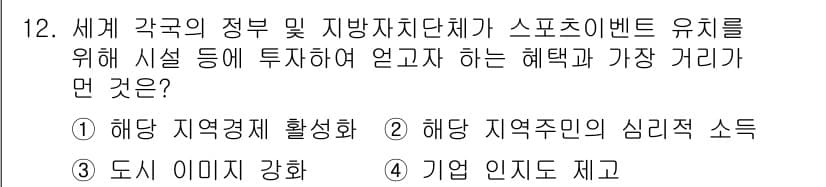 스포츠경영관리사 2021년 12번 - . 기업 인지도를 제고

스포츠 이벤트는 지역의 기업 및 브랜드 인지도를... 에 관한 핵심 기출문제