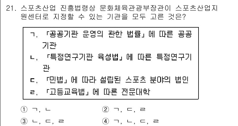 스포츠경영관리사 2021년 21번 - 정답은 3번 '정규연구기관 육성법'입니다. 이는 스포츠 산업 발전을 위한... 에 관한 핵심 기출문제